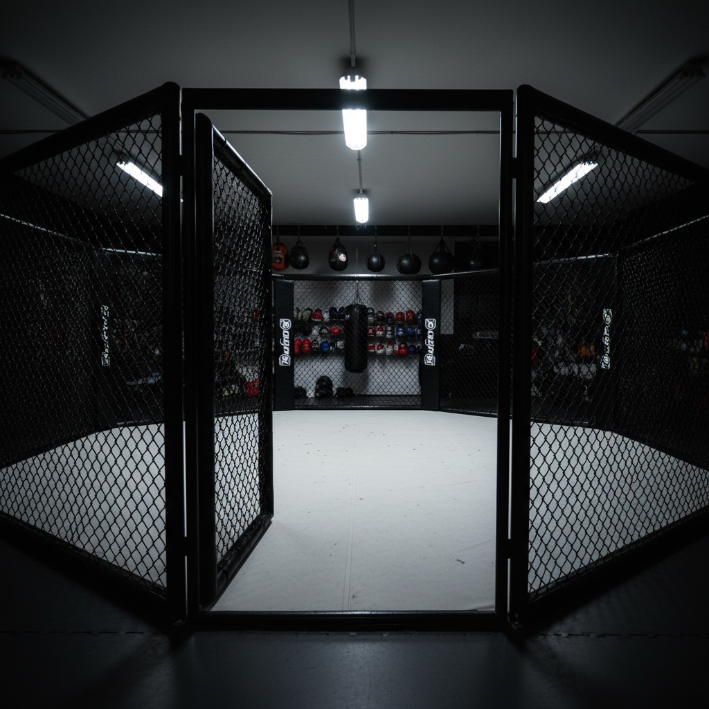 A pristine, dimly lit training cage without fighters, its black mesh panels forming strong geometric lines around a clean, white canvas mat marked only with faint scuffs and chalk traces. In the background, heavy bags, speed bags, and neatly racked gloves suggest rigorous preparation without showing people. Overhead industrial lights create a focused pool of cool white illumination in the center of the cage, leaving the edges in shadow. Shot at eye level from just outside the open cage door, the photographic image feels like an invitation to step into competition. The mood is bold, tense, and anticipatory, ideal for showcasing fight stats and records.