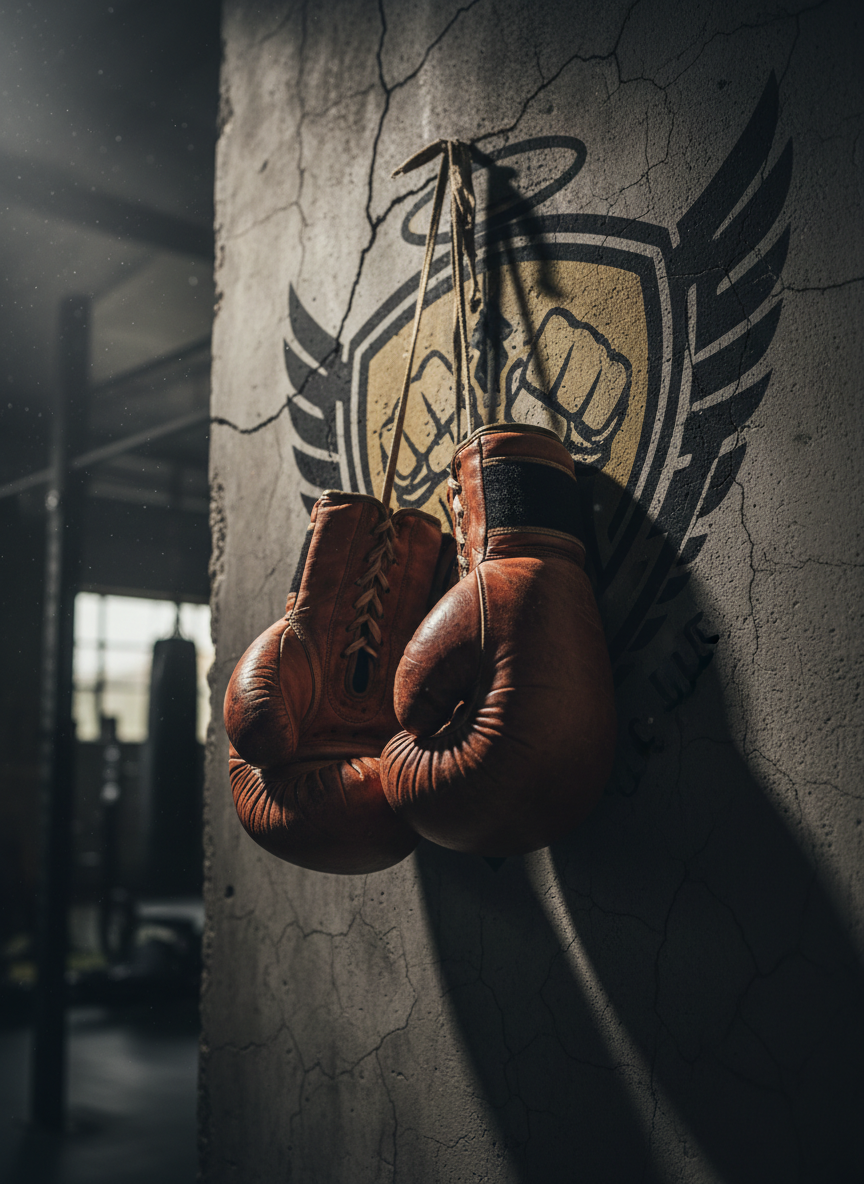 A pair of heavily worn leather boxing gloves hanging from a cracked concrete wall emblazoned with a bold, abstract emblem suggesting “Saints Fight Club” without readable text. The gloves show scuffs, creases, and sweat-darkened patches, symbolizing countless battles. Dramatic studio lighting from the upper left carves sharp highlights along the laces and knuckles, casting a long, moody shadow on the wall. Dust motes float in the dim air, adding grit. Photographic realism with a low-angle, close-up composition places the gloves in the foreground, while a dim, industrial gym space fades into soft bokeh behind, creating a bold, intense atmosphere perfect for a homepage hero image.