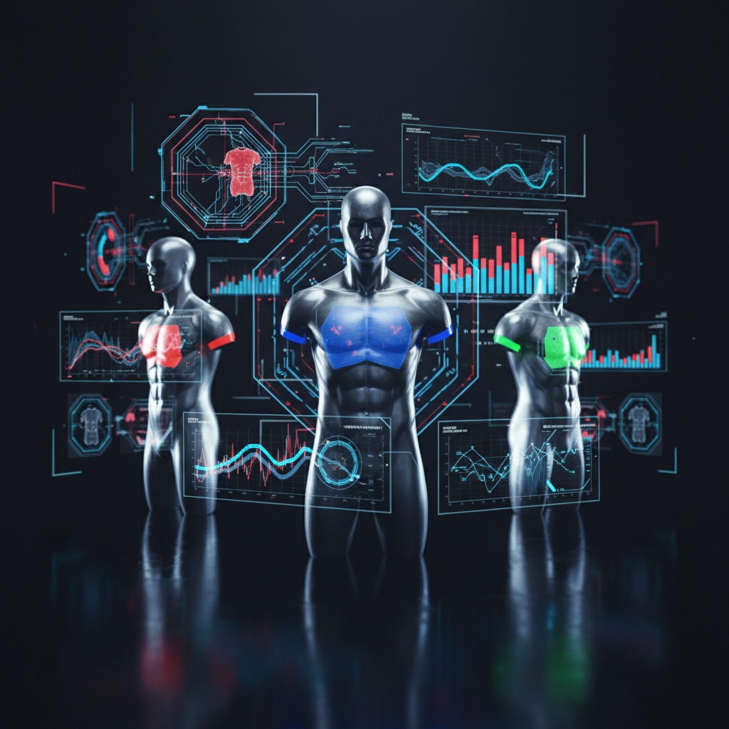 An abstract, data-driven fight analytics scene featuring three metallic mannequin torsos labeled subtly with color-coded bands hinting at Anthony Ramirez, Daniel Natirboff, and William McDonald, without using readable names. Translucent holographic charts, octagon diagrams, and strike-zone heat maps float around them, glowing in electric blues and fiery reds. The environment is a dark, high-tech studio with a reflective black floor. Sharp, directional rim lighting outlines the mannequins’ athletic forms, while neon accents illuminate the floating stats. Photographic realism with cinematic depth of field keeps the central mannequin in sharp focus as the surrounding graphs blur slightly, creating a futuristic, analytical mood that supports detailed fighter records.