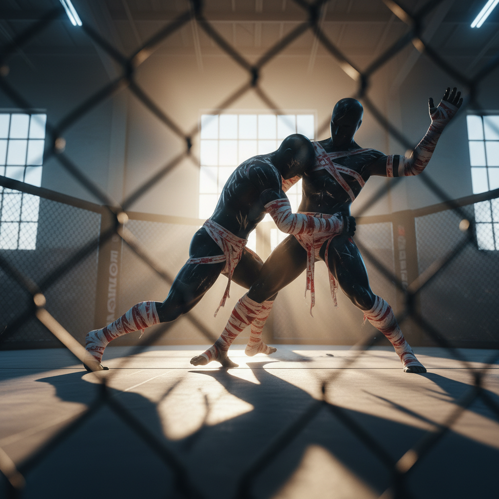 A dramatic, mid-action competition moment frozen in time using non-human stand-ins: two sleek, matte-black training dummies shaped like torsos collide in the center of an MMA cage, one appearing to shoot for a takedown while the other braces. Cloth tape and scuff marks suggest heavy use. Golden hour light beams in through high warehouse windows, mixing with cool overhead arena lights to create dynamic highlights and long shadows across the mat. Captured from a low-angle, ringside perspective in photographic realism, the composition uses the rule of thirds, with the cage fence slightly blurred in the foreground, conveying raw intensity and motion without showing actual people.